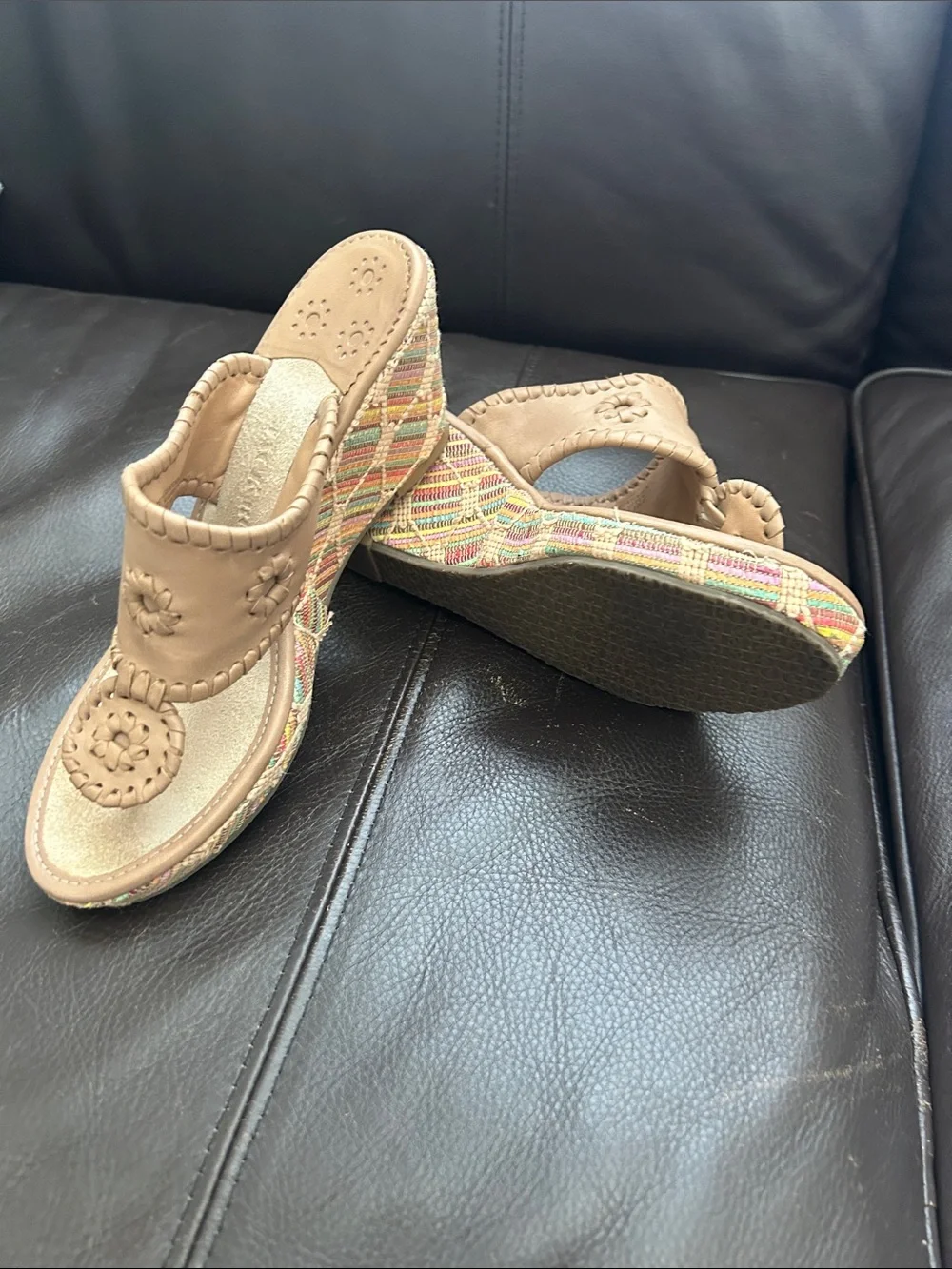 Jack Rogers Tan Leather Wedge Sandals with Multicolor Woven Heel